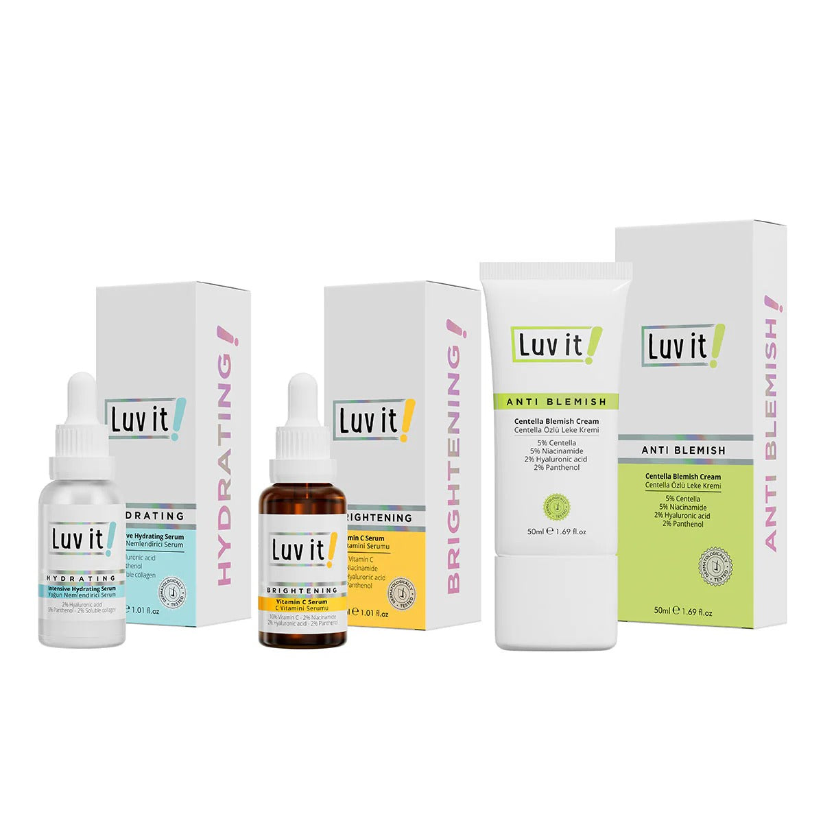 Luv it 3-teiliges Hautpflege-Set Feuchtigkeitsspendendes Serum, Vitamin-C Serum & Centella Blemish Creme